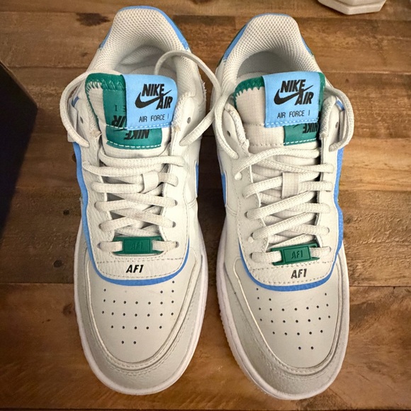 Nike Air Force Shoes - Nike Air Force 1 Cream Sneakers with Blue and Green Details